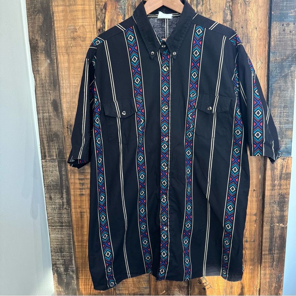 Vintage Express Riders L/XL Multicolor Aztec Short Sleeve Collared Shirt *READ*